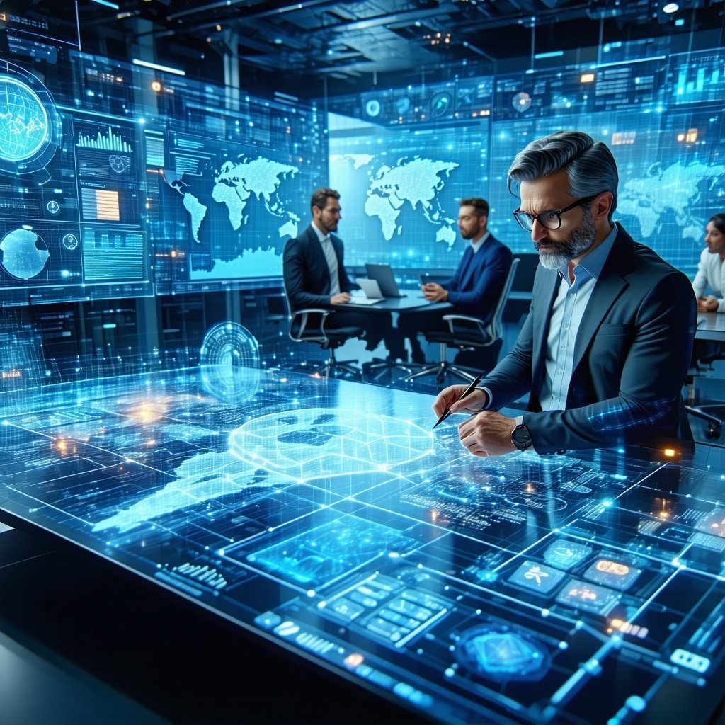 The image depicts a futuristic digital landscape where a complex interactive digital twin is showcased on a hightech dashboard The dashboard displays various animated graphs and simulations illustrating data flows market trends and disaster recovery-1